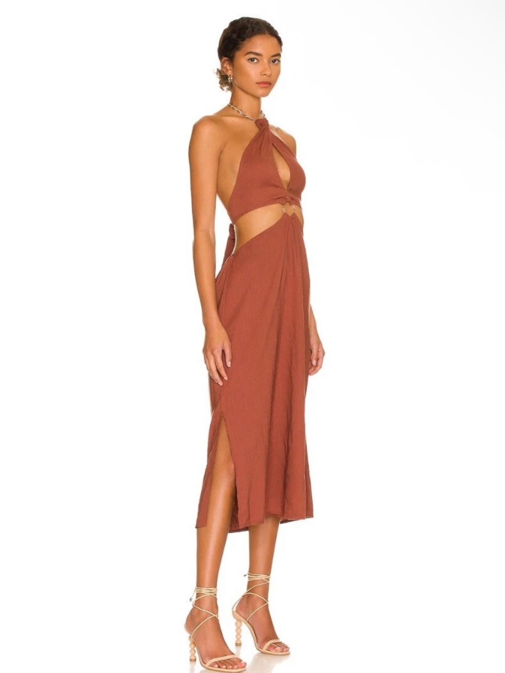 WeWoreWhat Gold Cowrie Shell Chain Halter Midi Dress in Cappuccino Rust NEW L - Picture 5 of 6